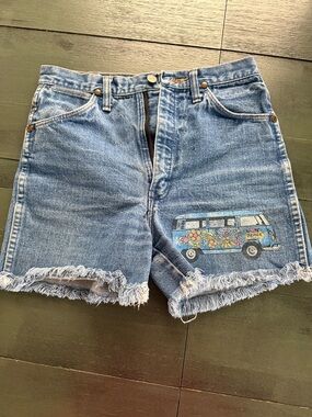 Wrangler Blue Denim Cutoff Shorts with Embroidered Van Motif